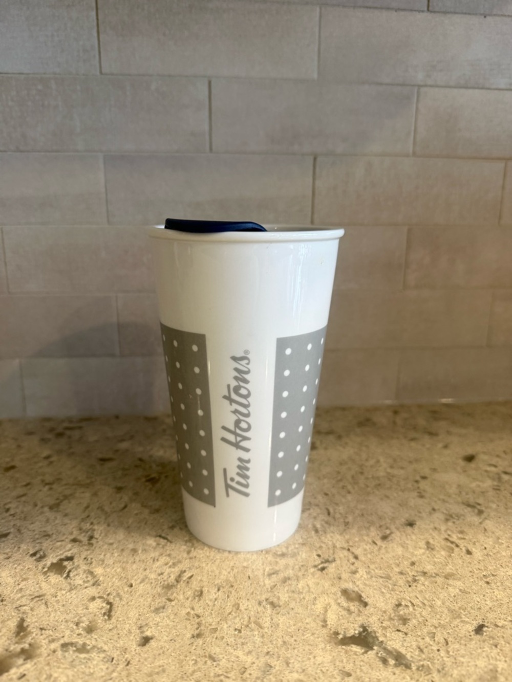 Tim Hortons Ceramic Travel Mug in White and Gray